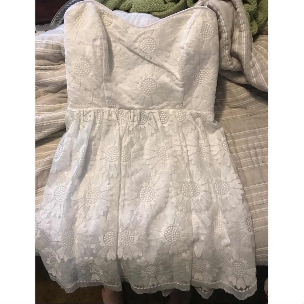 Short, white, strapless dress